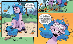 Size: 1984x1211 | Tagged: safe, artist:andypriceart, idw, imported from derpibooru, izzy moonbow, pony, unicorn, spoiler:comic, spoiler:g5comic, spoiler:g5comic08, bracelet, faic, female, friendship bracelet, frown, g5, head shake, jewelry, keep it together, leaves, mare, not salmon, sad, solo, tongue out, unshorn fetlocks, wat