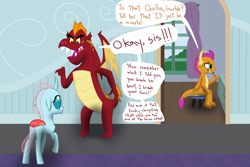 Size: 1500x1000 | Tagged: safe, artist:mightyshockwave, imported from derpibooru, garble, ocellus, smolder, changedling, changeling, dragon, dialogue, dragoness, female, lesbian, makeup, male, mare, school of friendship, shipping, smolcellus, trio