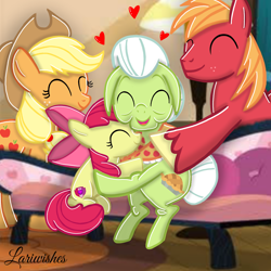 Size: 1300x1300 | Tagged: safe, artist:mlplary6, imported from derpibooru, apple bloom, applejack, big macintosh, granny smith, earth pony, pony, apple family, eyes closed, family, female, filly, foal, grandmother and grandchild, heart, hug, male, mare, older, siblings, sitting, smiling, stallion