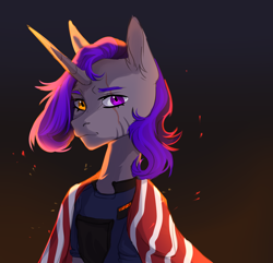 Size: 2238x2160 | Tagged: safe, artist:cutepoltergeist, imported from derpibooru, oc, oc only, oc:dinky moon, alicorn, alicorn oc, armor, female, gray, heterochromia, horn, mare, purple eyes, purple hair, security armor, wings, yellow eyes