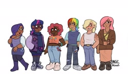 Size: 1947x1279 | Tagged: safe, artist:madzdraws, imported from derpibooru, applejack, fluttershy, pinkie pie, rainbow dash, rarity, twilight sparkle, human, bag, belt, bracelet, clothes, cutie mark, cutie mark on clothes, dark skin, denim, ear piercing, earring, fanny pack, humanized, jacket, jeans, jewelry, light skin, mane six, moderate dark skin, necklace, pants, piercing, shirt, shoes, simple background, skirt, sneakers, sweater, t-shirt, tan skin, tattoo, turtleneck, white background, wifebeater