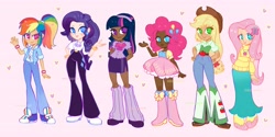 Size: 4096x2048 | Tagged: safe, artist:softpinkpony, imported from derpibooru, applejack, fluttershy, pinkie pie, rainbow dash, rarity, sci-twi, twilight sparkle, human, equestria girls, boots, clothes, cutie mark, cutie mark on clothes, dark skin, denim, dress, ear piercing, earring, frilly dress, human coloration, humane five, humane six, humanized, jeans, jewelry, light skin, pants, piercing, pink background, shoes, simple background, skirt, sneakers, sweater, tan skin