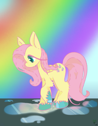 Size: 921x1185 | Tagged: safe, artist:pagophasia, derpibooru exclusive, imported from derpibooru, fluttershy, pegasus, pony, colored hooves, daytime, eye reflection, female, full body, impossibly long eyelashes, looking down, puddle, rainbow, raised hoof, reflection, ripples, solo, unshorn fetlocks, water, wings