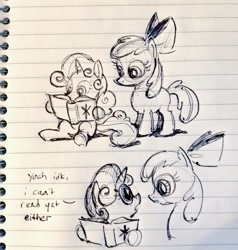 Size: 974x1024 | Tagged: safe, artist:mellodillo, imported from derpibooru, apple bloom, sweetie belle, earth pony, pony, unicorn, apple bloom's bow, book, bow, dialogue, duo, female, filly, foal, hair bow, illiteracy, illiterate, looking at each other, looking at someone, looking down, reading, text