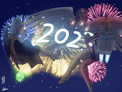 Size: 1024x768 | Tagged: safe, artist:sprong-lhama, imported from derpibooru, rarity, anthro, bat, elf, human, 2023, american flag, breasts, clothes, fireworks, floating, flying, happy, happy new year, holiday, humanized, jetpack, leotard, looking at each other, looking at someone, new year, night, rosalina, rouge the bat, smiling, sonic the hedgehog (series), super mario bros., winged humanization, wings