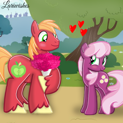 Size: 1300x1300 | Tagged: safe, artist:mlplary6, imported from derpibooru, big macintosh, cheerilee, earth pony, pony, blushing, bouquet, bouquet of flowers, cheerimac, female, flower, heart, looking at each other, looking at someone, male, mare, shipping, smiling, smiling at each other, stallion, straight