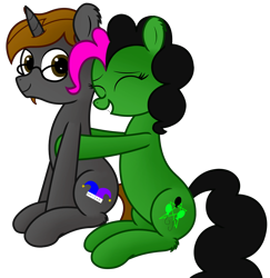 Size: 2792x2875 | Tagged: safe, artist:rainbowšpekgs, imported from derpibooru, oc, oc only, oc:funnygamer95, oc:toxicpie, earth pony, pony, unicorn, derpibooru community collaboration, 2023 community collab, earth pony oc, elements of poison, eyes closed, glasses, horn, simple background, sitting, smiling, transparent background, unicorn oc