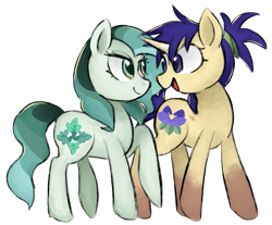 Size: 1215x1004 | Tagged: safe, artist:metaruscarlet, imported from derpibooru, oc, oc only, oc:iris sparkler, oc:spring mint, earth pony, pony, unicorn, derpibooru community collaboration, 2023 community collab, duo, earth pony oc, female, horn, looking at each other, looking at someone, mare, open mouth, raised hoof, simple background, transparent background, unicorn oc