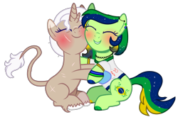 Size: 3704x2440 | Tagged: safe, artist:princess-kitsune-tsu, imported from derpibooru, oc, oc:maria potranca, oc:valkiria, earth pony, pony, unicorn, derpibooru community collaboration, 2023 community collab, blushing, bracelet, brazil, choker, clothes, duo, ear piercing, earring, earth pony oc, eyes closed, female, grin, horn, hug, jewelry, leonine tail, mare, markings, multicolored hair, multiple horns, piercing, scar, shirt, simple background, sitting, smiling, t-shirt, tail, transparent background, unicorn oc, unshorn fetlocks, wristband