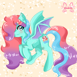 Size: 1280x1280 | Tagged: safe, artist:_niveria_, imported from derpibooru, oc, oc only, pony, bat wings, patterned background, raised hoof, slim, solo, spread wings, watermark, wings