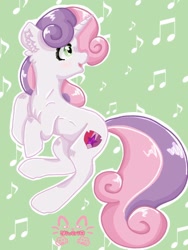 Size: 768x1024 | Tagged: safe, artist:_niveria_, imported from derpibooru, sweetie belle, pony, unicorn, blushing, ear fluff, female, green background, mare, older, older sweetie belle, outline, patterned background, simple background, smiling, solo, watermark, white outline