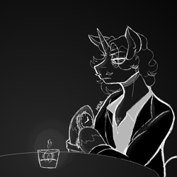 Size: 1000x1000 | Tagged: safe, artist:dsstoner, imported from derpibooru, fancypants, semi-anthro, unicorn, candle, candlelight, clothes, male, monochrome, solo, stallion, stressed, suit, watch