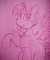 Size: 2786x3351 | Tagged: safe, artist:dsstoner, imported from derpibooru, twilight sparkle, alicorn, pony, book, female, magic, magic aura, mare, raised hoof, solo, spread wings, traditional art, twilight sparkle (alicorn), wings