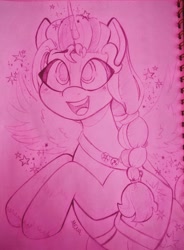 Size: 2747x3724 | Tagged: safe, artist:dsstoner, imported from derpibooru, sunny starscout, alicorn, earth pony, pony, female, g5, mare, open mouth, race swap, raised hooves, smiling, solo, sparkles, sunnycorn, traditional art