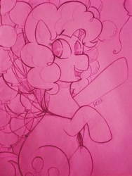 Size: 2719x3608 | Tagged: safe, artist:dsstoner, imported from derpibooru, pinkie pie, earth pony, pony, balloon, female, mare, raised hoof, solo, traditional art
