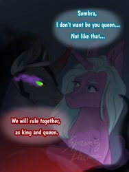 Size: 768x1024 | Tagged: safe, artist:sprong-lhama, idw, imported from derpibooru, king sombra, radiant hope, pony, unicorn, bust, dialogue, male, signature, sombra eyes, stallion