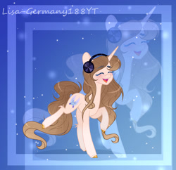 Size: 1024x991 | Tagged: safe, artist:existencecosmos188, imported from derpibooru, oc, oc only, pony, unicorn, abstract background, blushing, dancing, eyebrows, eyebrows visible through hair, eyelashes, eyes closed, female, headphones, horn, leg fluff, raised hoof, raised leg, slim, smiling, solo, unicorn oc, zoom layer