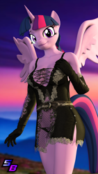 Size: 2160x3840 | Tagged: source needed, safe, artist:shadowboltsfm, imported from twibooru, twilight sparkle, alicorn, anthro, 3d, clothes, downloadable, dress, dusk, evening gloves, female, gloves, horn, image, logo, long gloves, looking at you, multicolored mane, multicolored tail, nexgen, outdoors, png, purple eyes, purple skin, smiling, smiling at you, solo, source filmmaker, spread wings, standing, twilight sparkle (alicorn), watermark, wings