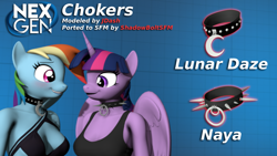 Size: 1920x1080 | Tagged: source needed, safe, artist:jdash, artist:shadowboltsfm, imported from twibooru, rainbow dash, twilight sparkle, alicorn, anthro, pegasus, 3d, black lipstick, blue background, blue skin, blurry, blushing, bra, clothes, collar, downloadable, duo, duo female, female, folded wings, image, lipstick, logo, looking at each other, multicolored mane, nexgen, out of focus, pink eyes, png, purple eyes, purple skin, sheepish grin, simple background, smiling, smiling at each other, source filmmaker, tanktop, twilight sparkle (alicorn), underwear, watermark, wings