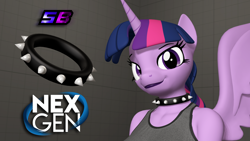 Size: 1920x1080 | Tagged: source needed, safe, artist:shadowboltsfm, imported from twibooru, twilight sparkle, alicorn, anthro, 3d, bust, choker, clothes, downloadable, female, gray background, horn, image, lipstick, logo, looking at you, multicolored mane, nexgen, png, purple eyes, purple lipstick, purple skin, simple background, smiling, smiling at you, solo, source filmmaker, spiked choker, spread wings, tanktop, twilight sparkle (alicorn), watermark, wings