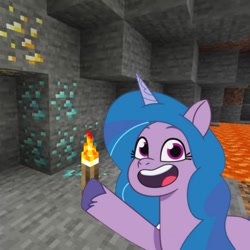 Size: 1080x1080 | Tagged: safe, editor:thecrownedaria, izzy moonbow, pony, unicorn, season 1, diamonds, female, g5, gold, lava, meme, minecraft, my little pony: tell your tale, pointing, pointing izzy, solo, solo female, starscout code, tell your tale, torch