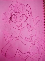 Size: 2747x3724 | Tagged: safe, artist:dsstoner, imported from ponybooru, sunny starscout, alicorn, earth pony, pony, female, g5, mare, open mouth, race swap, raised hoof, raised leg, smiling, sparkles, sunnycorn, traditional art