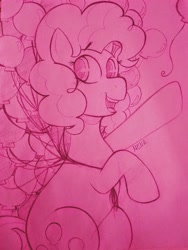 Size: 2719x3608 | Tagged: safe, artist:dsstoner, imported from ponybooru, pinkie pie, earth pony, pony, balloon, female, mare, raised hoof, raised leg, traditional art