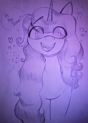 Size: 2909x4072 | Tagged: safe, artist:dsstoner, imported from ponybooru, izzy moonbow, pony, unicorn, female, g5, heart, hi new friend, mare, smiling, sparkles, speech bubble, traditional art