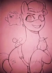 Size: 2829x3990 | Tagged: safe, artist:dsstoner, imported from ponybooru, hitch trailblazer, dog, earth pony, pony, cloudpuff, critter magnet, critters, g5, male, raised hoof, raised leg, smiling, stallion, traditional art