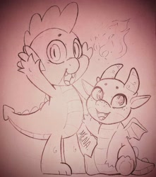 Size: 2945x3328 | Tagged: safe, artist:dsstoner, imported from ponybooru, spike, dragon, baby, baby dragon, duo, duo male, fire, g5, male, open mouth, sitting, smiling, sparky and his hero, sparky sparkeroni, spread wings, traditional art, wings