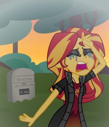 Size: 4944x5760 | Tagged: safe, artist:emeraldblast63, imported from derpibooru, sunset shimmer, human, comic:the tale of two sunsets, equestria girls, absurd resolution, crying, eyeshadow, female, gravestone, human sunset, makeup, running makeup, solo, story included, text, wall of text