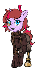 Size: 896x1792 | Tagged: safe, artist:multiverseequine, derpibooru exclusive, imported from derpibooru, oc, oc only, oc:vanity, pony, unicorn, amputee, bag, boots, clothes, female, full body, glowing, glowing eyes, horn, jacket, multicolored hair, prosthetic eye, prosthetic leg, prosthetic limb, prosthetics, raised hoof, saddle bag, scar, shoes, simple background, smiling, solo, torn ear, transparent background, unicorn oc