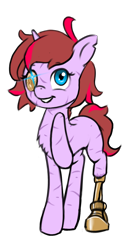 Size: 896x1792 | Tagged: safe, artist:multiverseequine, derpibooru exclusive, imported from derpibooru, oc, oc only, oc:vanity, pony, unicorn, amputee, female, full body, glowing, glowing eyes, horn, multicolored hair, prosthetic eye, prosthetic leg, prosthetic limb, prosthetics, raised hoof, scar, simple background, smiling, solo, torn ear, transparent background, unicorn oc