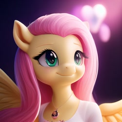 Size: 1024x1024 | Tagged: safe, generator:lucidpony:sd is magic 2, imported from derpibooru, fluttershy, anthro, pegasus, ai content, ai generated, cute, generator:stable diffusion, green eyes, jewelry, looking away, necklace, shyabetes, simple background, smiling, solo, white shirt, wings