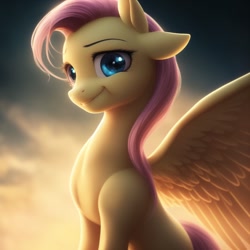 Size: 1024x1024 | Tagged: safe, generator:lucidpony:sd is magic 2, imported from derpibooru, fluttershy, pegasus, pony, ai content, ai generated, backlighting, blue eyes, concave belly, cute, generator:stable diffusion, large wings, looking at you, looking forward, missing wing, multiple ears, pink mane, shyabetes, simple background, sitting, slim, smiling, solo, spread wings, thin, three quarter view, wings