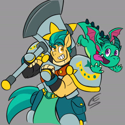 Size: 1920x1920 | Tagged: safe, artist:speed-fiend, imported from derpibooru, hitch trailblazer, anthro, dragon, earth pony, armor, axe, baby, baby dragon, battle axe, dungeons and dragons, duo, fantasy class, g5, gray background, grin, knight, male, muscles, muscular male, paladin, pauldron, pen and paper rpg, rpg, shredded hitch, signature, simple background, smiling, sparky sparkeroni, warrior, weapon