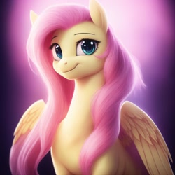 Size: 1024x1024 | Tagged: safe, generator:lucidpony:sd is magic 2, imported from derpibooru, fluttershy, pegasus, pony, ai content, ai generated, backlighting, cute, generator:stable diffusion, green eyes, looking at you, looking forward, pink mane, shyabetes, simple background, sitting, smiling, solo, spread wings, three quarter view, wings