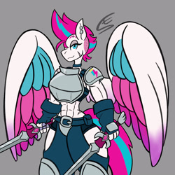 Size: 1600x1600 | Tagged: safe, alternate version, artist:speed-fiend, imported from derpibooru, zipp storm, anthro, pegasus, abs, armor, dual wield, dungeons and dragons, ear piercing, fantasy class, female, fighter, g5, gray background, lidded eyes, muscles, muscular female, pen and paper rpg, piercing, ripped zipp, rpg, scar, signature, simple background, smiling, solo, sword, warrior, warrior zipp storm, weapon