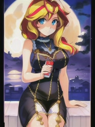 Size: 512x683 | Tagged: safe, editor:sammykun, imported from derpibooru, sunset shimmer, human, equestria girls, ai content, ai generated, beautiful, black dress, breasts, busty sunset shimmer, city, cityscape, clothes, cloud, dress, drink, female, generator:novelai, generator:stable diffusion, gold, humanized, jewelry, looking at you, moon, night, ponytail, sitting, sleeveless, smiling, solo, tight clothing