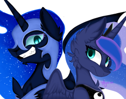 Size: 1567x1230 | Tagged: safe, artist:4agonism, derpibooru exclusive, imported from derpibooru, nightmare moon, princess luna, alicorn, pony, antagonist, cheek fluff, chest fluff, chin fluff, crown, duality, duo, ear fluff, female, horn, jewelry, mare, regalia, sharp teeth, simple background, spread wings, teeth, white background, wings