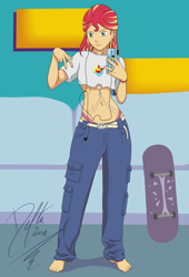 Size: 1920x2816 | Tagged: safe, artist:deltalima, imported from derpibooru, sunset shimmer, human, equestria girls, '90s, barefoot, belly button, bracelet, cellphone, clothes, earbuds, feet, female, implied suntrix, jewelry, looking at you, midriff, panties, peace sign, phone, selfie, skateboard, smartphone, solo, thong, underwear