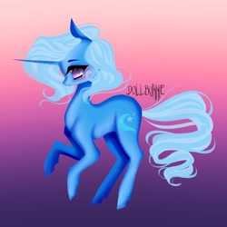 Size: 2048x2048 | Tagged: source needed, safe, artist:dollbunnie, imported from derpibooru, trixie, pony, unicorn, gradient background, grin, sidemouth, smiling, solo