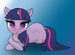 Size: 1360x989 | Tagged: safe, artist:mangofoxx, imported from derpibooru, twilight sparkle, pony, unicorn, blushing, both cutie marks, dimples of venus, dock, ear piercing, gradient background, lip bite, looking at you, no pupils, piercing, solo, tail, unicorn twilight