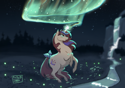 Size: 2388x1668 | Tagged: safe, artist:nightprince-art, imported from derpibooru, moondancer (g1), pony, unicorn, aurora borealis, bow, female, g1, glowing, glowing horn, horn, looking up, mare, night, rearing, river, signature, solo, stream, tail, tail bow, water