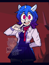 Size: 1500x1975 | Tagged: safe, artist:gempainter32, imported from derpibooru, oc, oc only, oc:diamond nella, anthro, human, unicorn, arm behind back, blue dress, blue hair, blue mane, blue tail, clothes, complex background, digital art, ear fluff, eye clipping through hair, eyebrows, eyebrows visible through hair, female, gradient mane, hell, helltaker, horn, ibispaint x, jacket, looking at you, magenta eyes, open mouth, pointing at self, red background, scarf, simple background, skirt, solo, tail, unicorn oc, watermark
