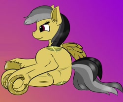 Size: 656x542 | Tagged: safe, alternate version, artist:cutiecarbon, imported from derpibooru, daring do, pegasus, pony, butt, daring donk, ear fluff, featureless crotch, frog (hoof), gradient background, hoof fluff, horseshoes, lying down, on side, plot, slim, solo, striped mane, striped tail, tail, thin, underhoof, unshorn fetlocks