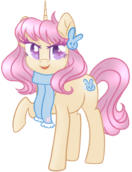 Size: 1000x1300 | Tagged: safe, artist:lostsheep, imported from derpibooru, oc, oc only, oc:blueberry bun, pony, unicorn, derpibooru community collaboration, 2023 community collab, accessory, clothes, female, horn, mare, scarf, simple background, solo, transparent background, unicorn oc