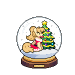 Size: 3900x3900 | Tagged: safe, artist:mariothepixelarter, imported from derpibooru, oc, oc only, pegasus, pony, candy, candy cane, christmas, christmas tree, clothes, dress, eyes closed, food, high res, holiday, mouth hold, pegasus oc, pixel art, simple background, sitting, snow globe, solo, transparent background, tree