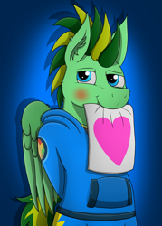 Size: 3511x4903 | Tagged: safe, artist:tacomytaco, imported from derpibooru, oc, oc only, oc:taco.m.tacoson, pegasus, pony, bipedal, blushing, clothes, hands behind back, heart, hoodie, looking at you, male, mouth hold, paper, pegasus oc, shorts, simple background, solo, wings