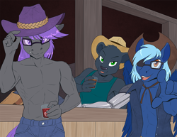 Size: 1056x816 | Tagged: safe, artist:brianblackberry, imported from derpibooru, oc, oc:nova (hijinxfantasy), oc:romny, oc:silverbolt, anthro, panther, pegasus, amputee, clothes, furry, glasses, hat, male, pants, prosthetic arm, prosthetic limb, prosthetics, trio, trio male, vest